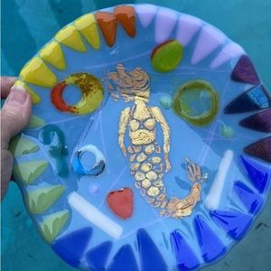 Mermaid On Aqua “Design Fused Art Glass  Handmade 7”x 1” Bowl